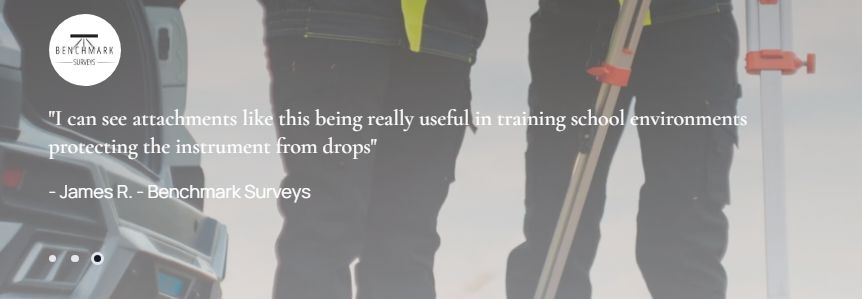 Screenshot of testimonial from Staking University praising BumpGuard for GPS receiver protection, showing positive feedback about field durability