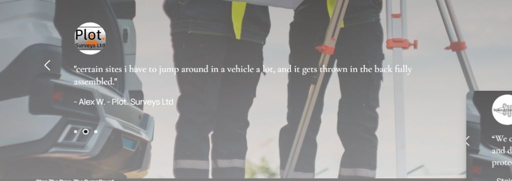Screenshot of testimonial from Alex W. at Plot Surveys Ltd explaining how BumpGuard helps during vehicle transport and site mobility